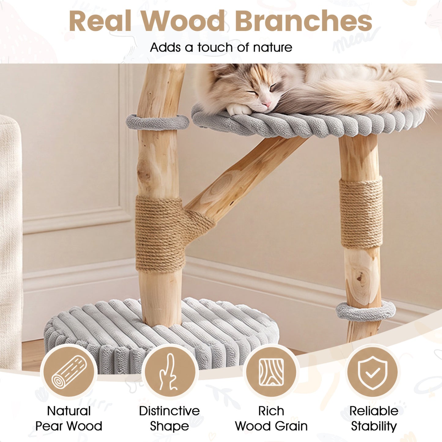 Arbre à chat en bois massif 41 pouces avec poteaux à gratter, gris