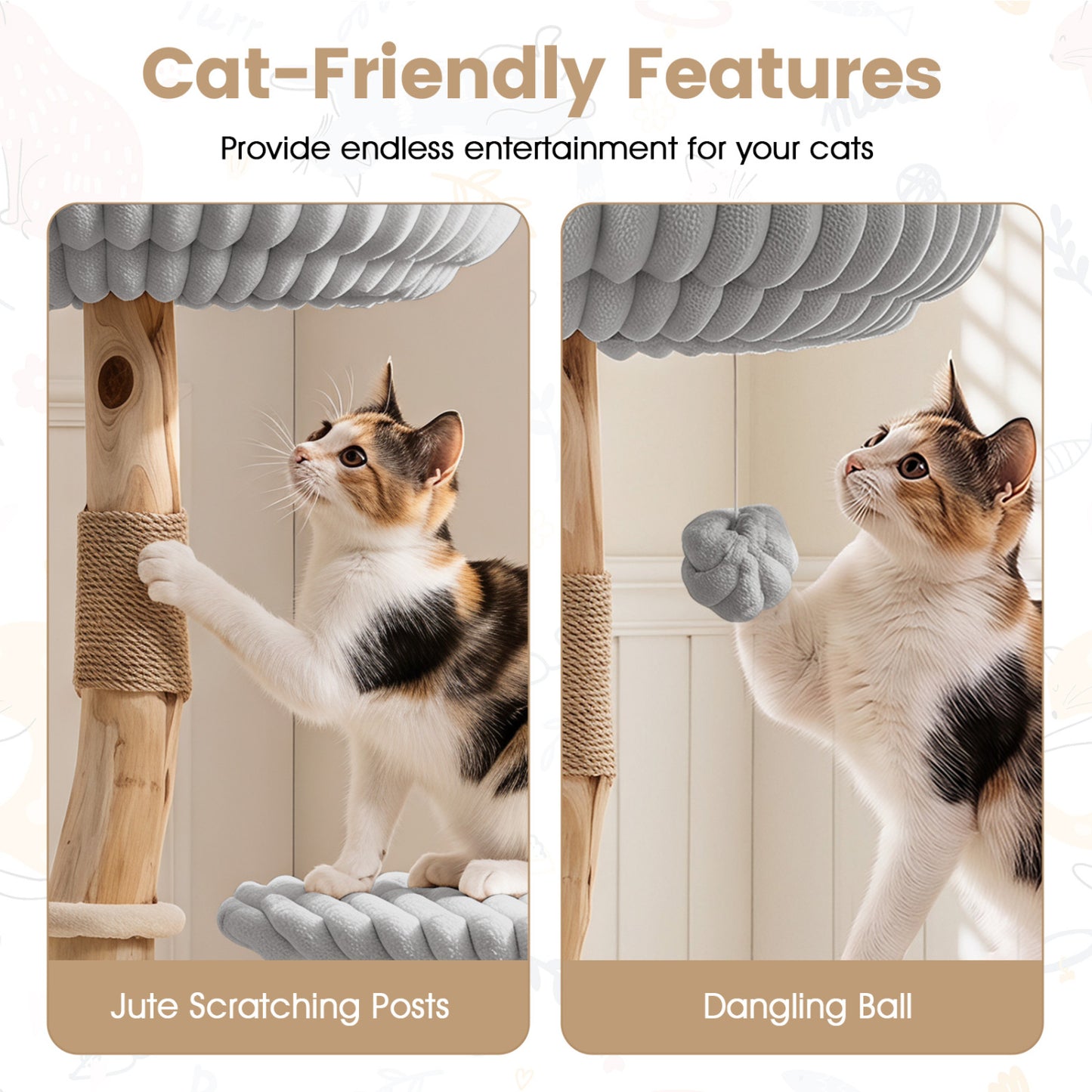 Arbre à chat en bois massif 41 pouces avec poteaux à gratter, gris