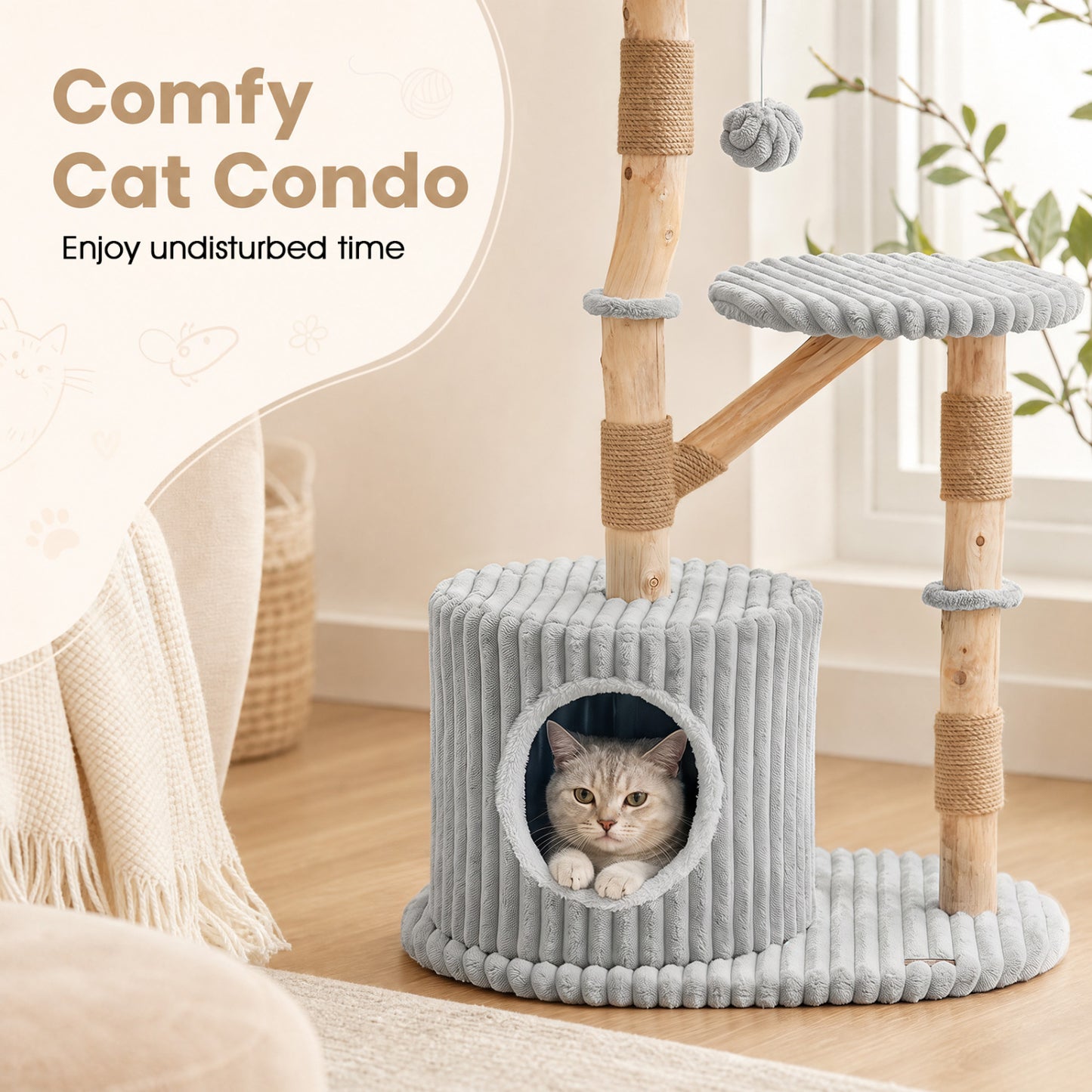 Arbre à chat en bois massif 41 pouces avec poteaux à gratter, gris