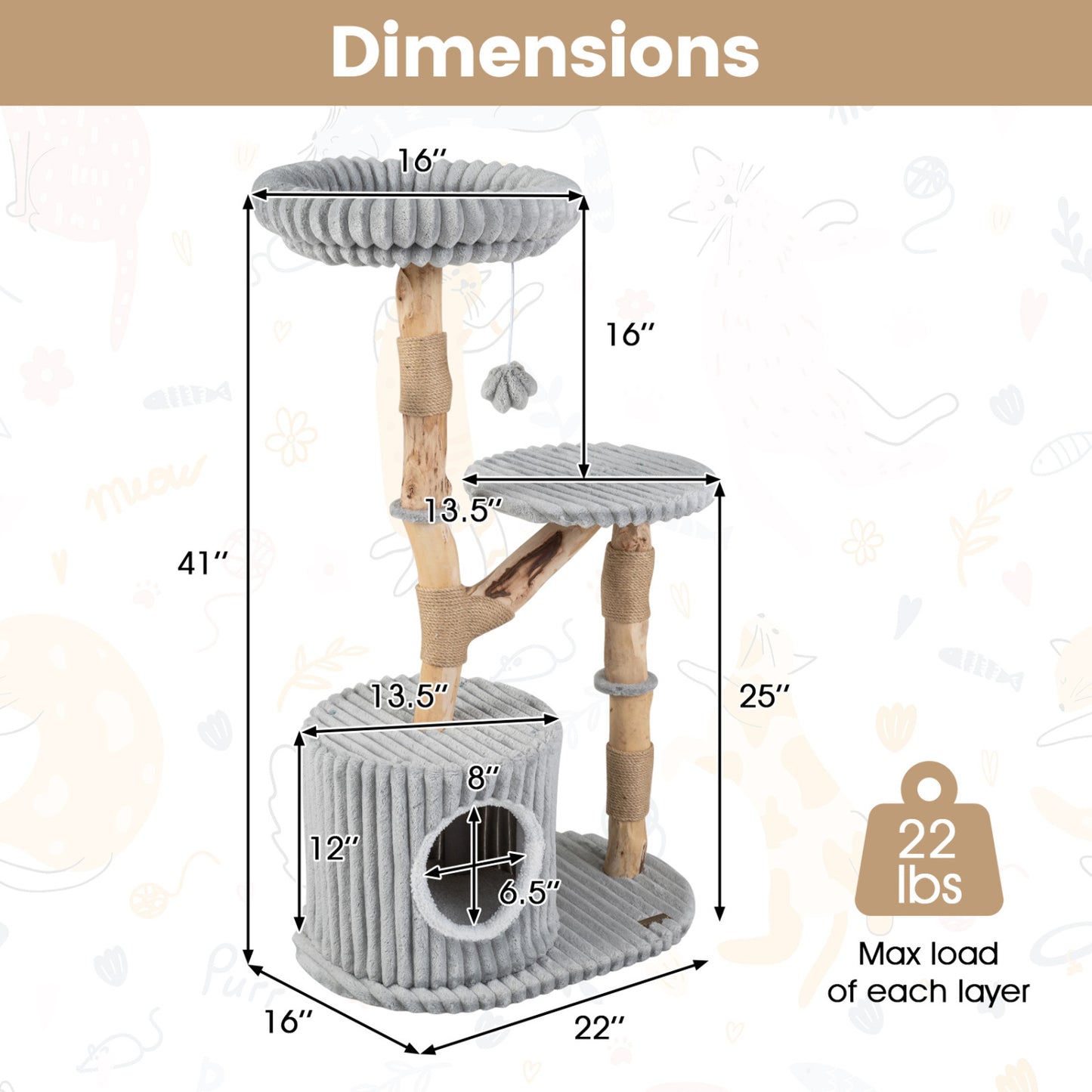 Arbre à chat en bois massif 41 pouces avec poteaux à gratter, gris