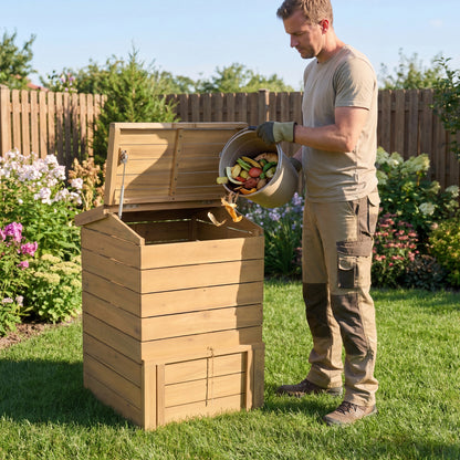 Compost Bin, Lockable Sliding Door, Flip-Top, Garden, Solid Wood, Natural Garden Tools at Gallery Canada
