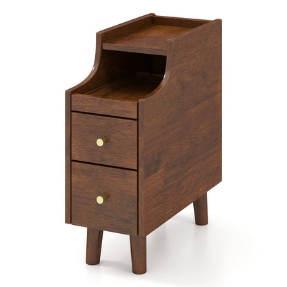 Solid Wood End Table, Narrow Bedside Table, Pull-out Tray, 2 Storage Drawers, Brown Nightstands Brown at Gallery Canada