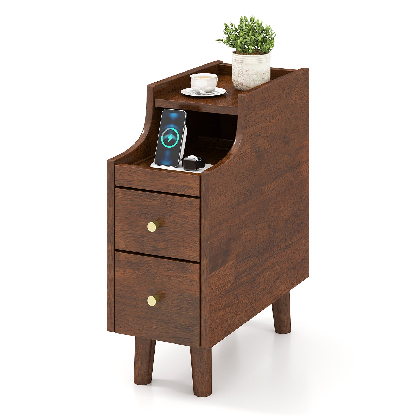 Solid Wood End Table, Narrow Bedside Table, Pull-out Tray, 2 Storage Drawers, Brown Nightstands at Gallery Canada
