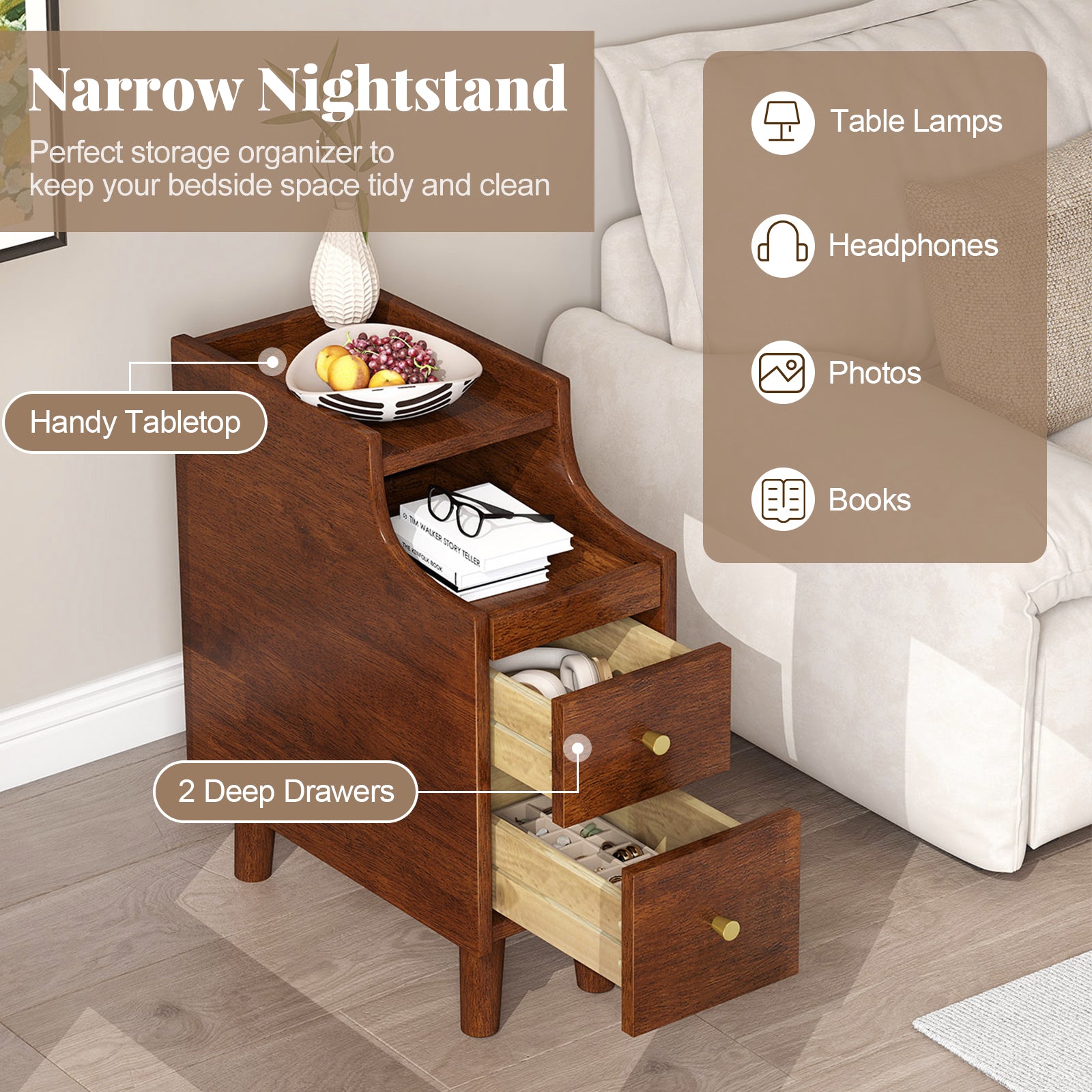 Solid Wood End Table, Narrow Bedside Table, Pull-out Tray, 2 Storage Drawers, Brown Nightstands at Gallery Canada