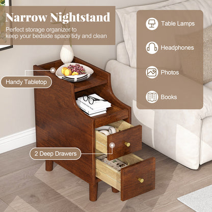 Solid Wood End Table, Narrow Bedside Table, Pull-out Tray, 2 Storage Drawers, Brown Nightstands at Gallery Canada