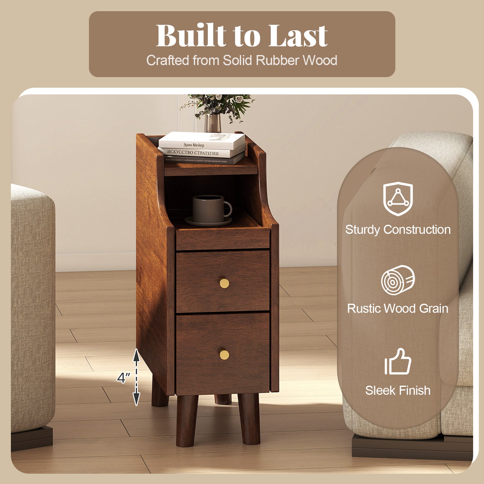 Solid Wood End Table, Narrow Bedside Table, Pull-out Tray, 2 Storage Drawers, Brown Nightstands at Gallery Canada