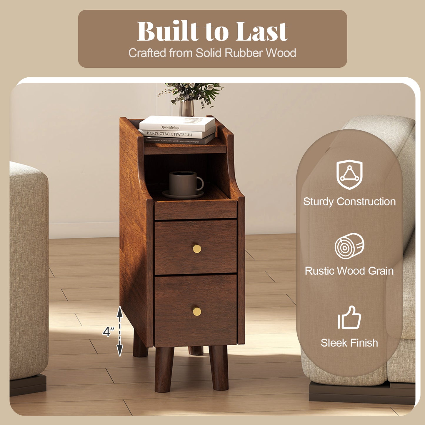 Solid Wood End Table, Narrow Bedside Table, Pull-out Tray, 2 Storage Drawers, Brown Nightstands at Gallery Canada
