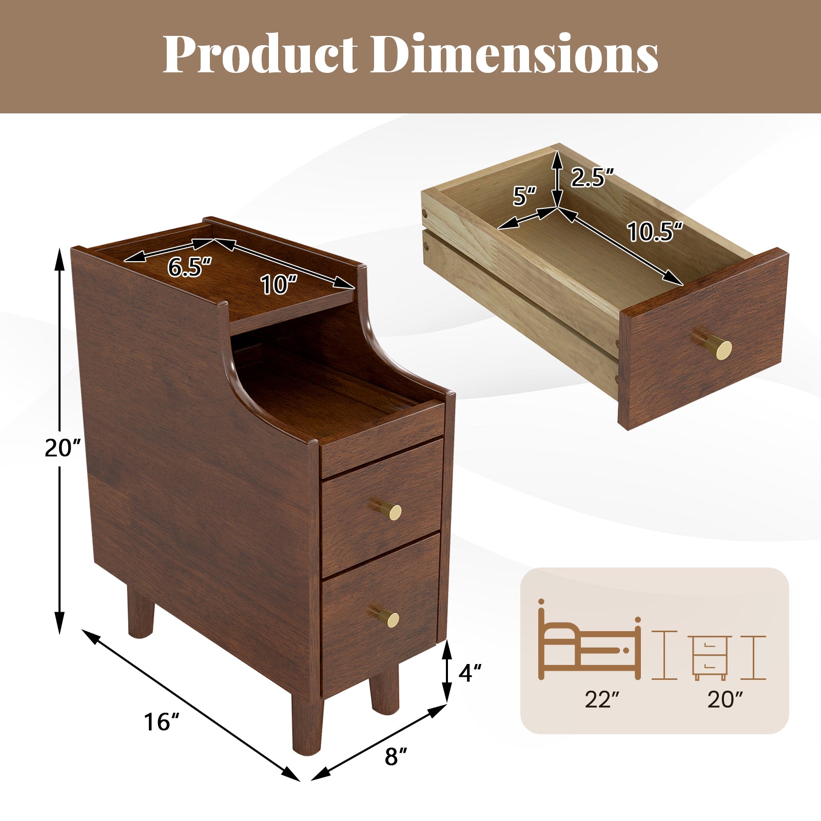 Solid Wood End Table, Narrow Bedside Table, Pull-out Tray, 2 Storage Drawers, Brown Nightstands at Gallery Canada