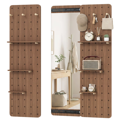 Miroir en bois massif pleine longueur avec étagères et crochets, marron