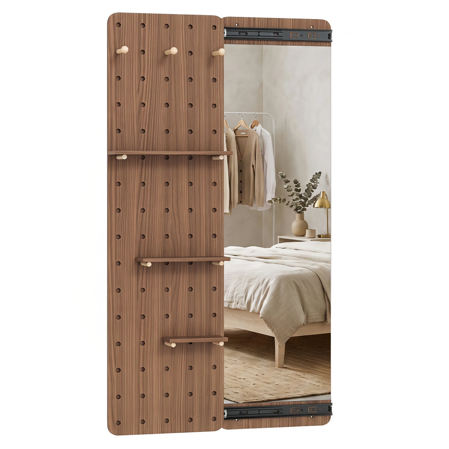 Miroir en bois massif pleine longueur avec étagères et crochets, marron