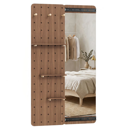 Miroir en bois massif pleine longueur avec étagères et crochets, marron