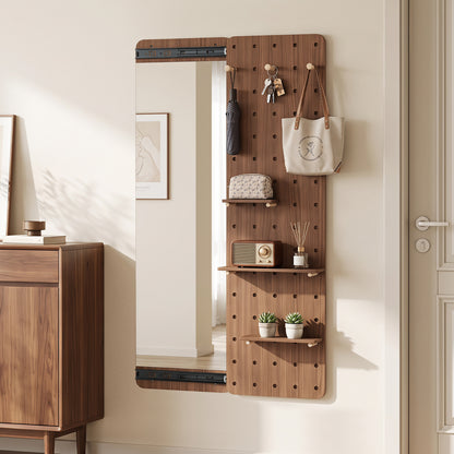 Miroir en bois massif pleine longueur avec étagères et crochets, marron