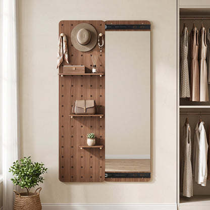 Miroir en bois massif pleine longueur avec étagères et crochets, marron