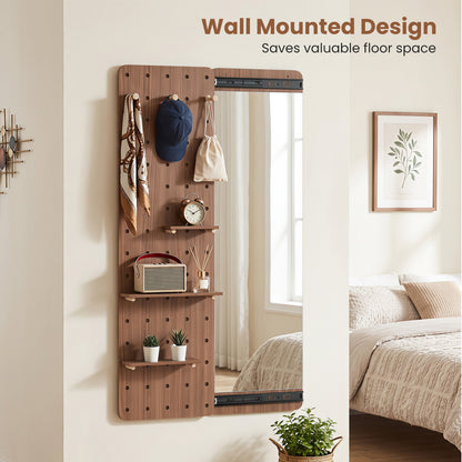 Miroir en bois massif pleine longueur avec étagères et crochets, marron