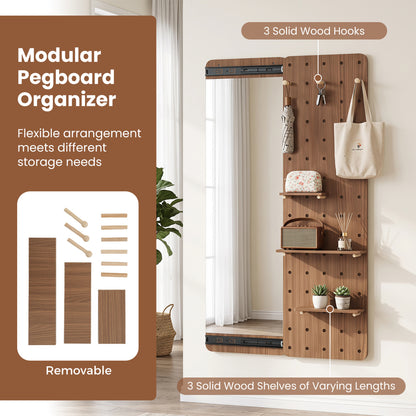 Miroir en bois massif pleine longueur avec étagères et crochets, marron