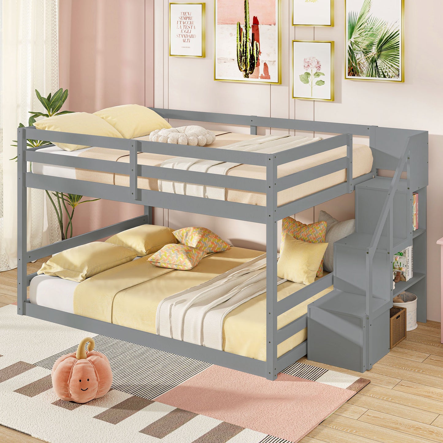 Solid Wood Full Over Full Low Bunk Bed with Storage Stairs, Gray Bunk Bed Frame at Gallery Canada
