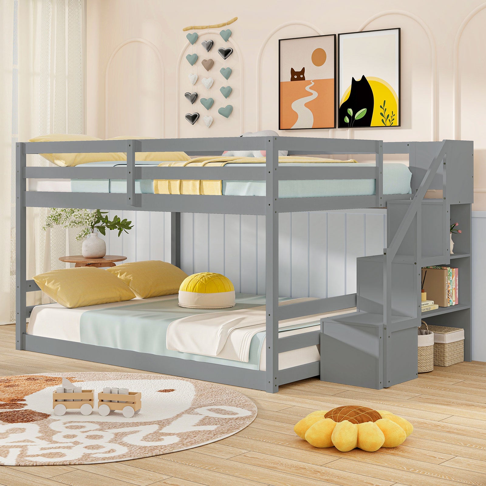 Solid Wood Full Over Full Low Bunk Bed with Storage Stairs, Gray Bunk Bed Frame at Gallery Canada
