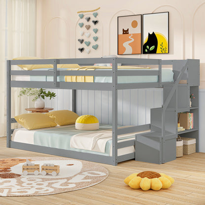 Solid Wood Full Over Full Low Bunk Bed with Storage Stairs, Gray Bunk Bed Frame at Gallery Canada