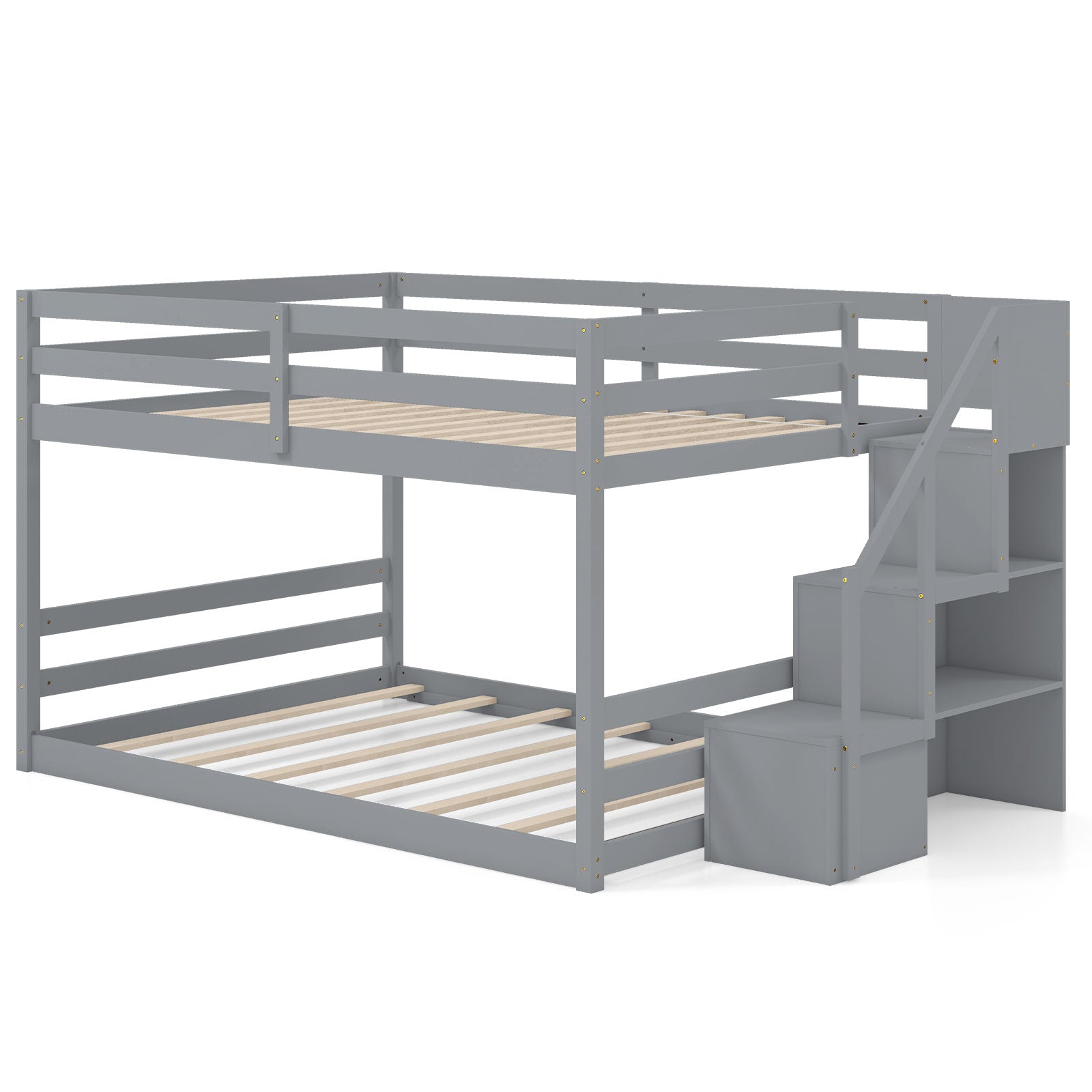 Solid Wood Full Over Full Low Bunk Bed, Storage Stairs, Gray Bunk Bed Frame Gray at Gallery Canada