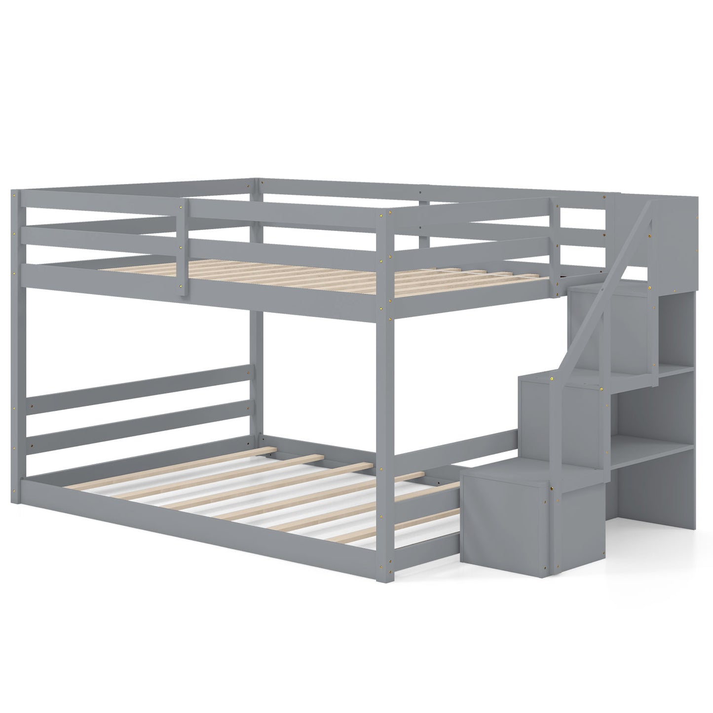 Solid Wood Full Over Full Low Bunk Bed, Storage Stairs, Gray Bunk Bed Frame Gray at Gallery Canada