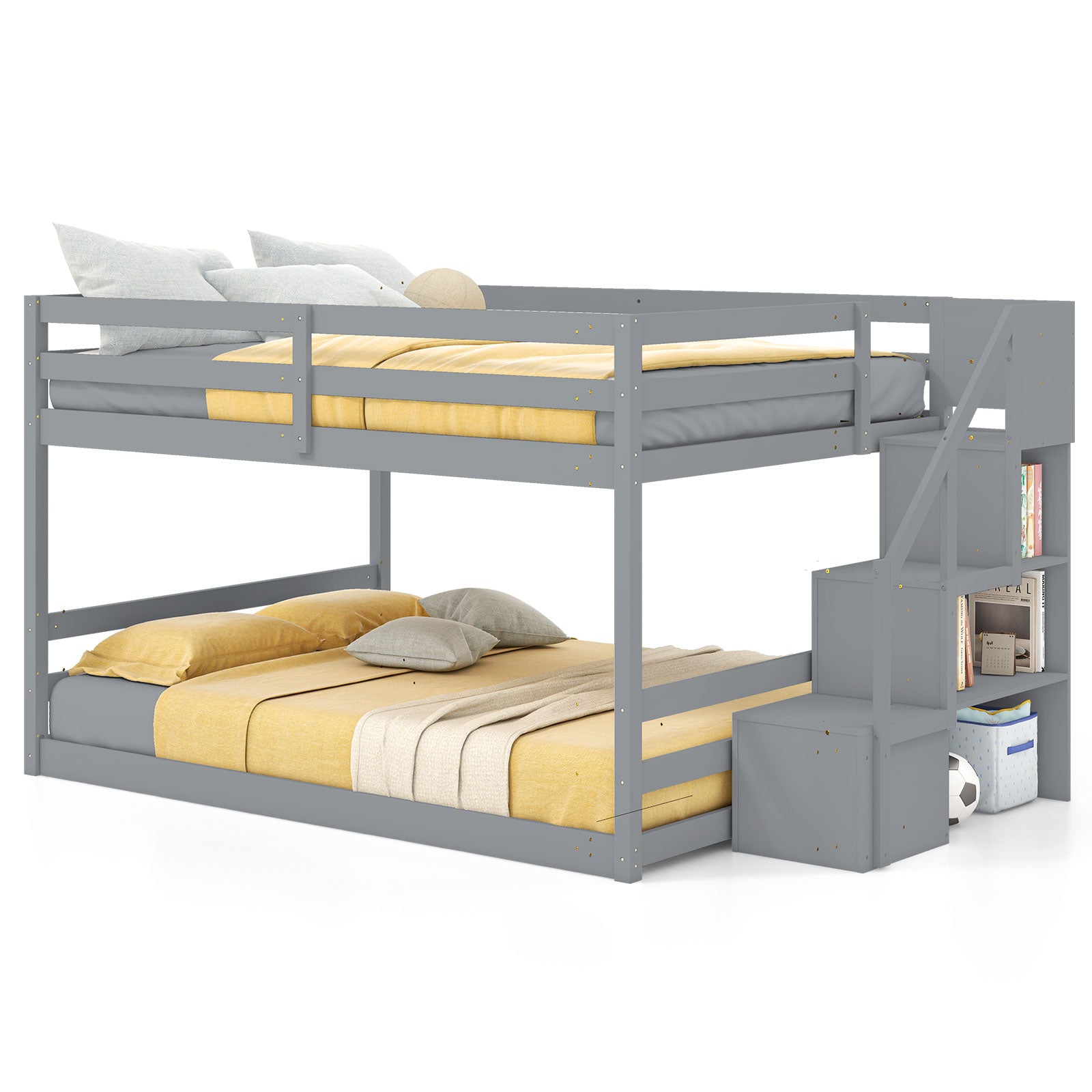 Solid Wood Full Over Full Low Bunk Bed with Storage Stairs, Gray Bunk Bed Frame at Gallery Canada