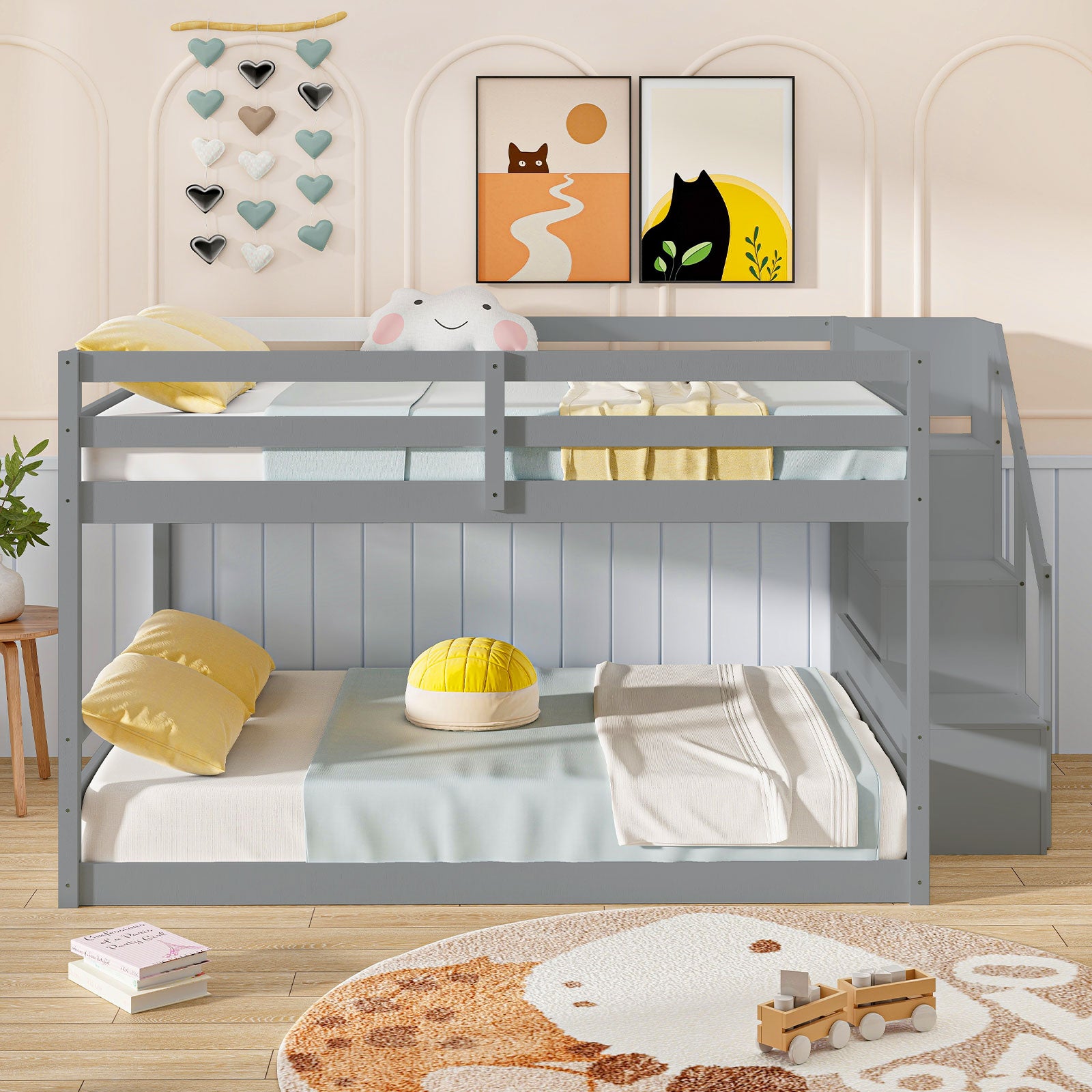 Solid Wood Full Over Full Low Bunk Bed with Storage Stairs, Gray Bunk Bed Frame at Gallery Canada