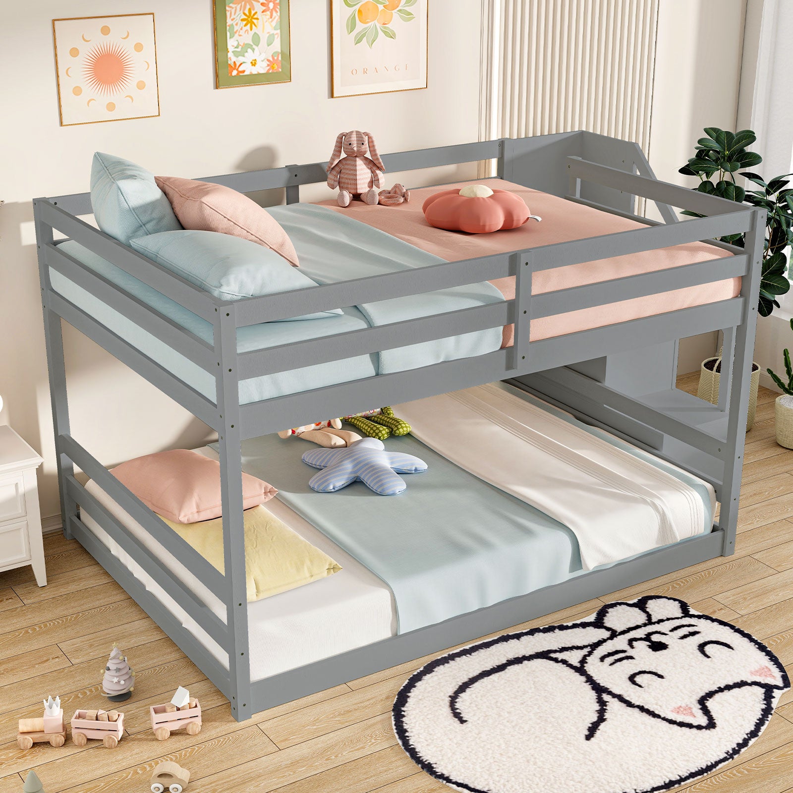 Solid Wood Full Over Full Low Bunk Bed with Storage Stairs, Gray Bunk Bed Frame at Gallery Canada