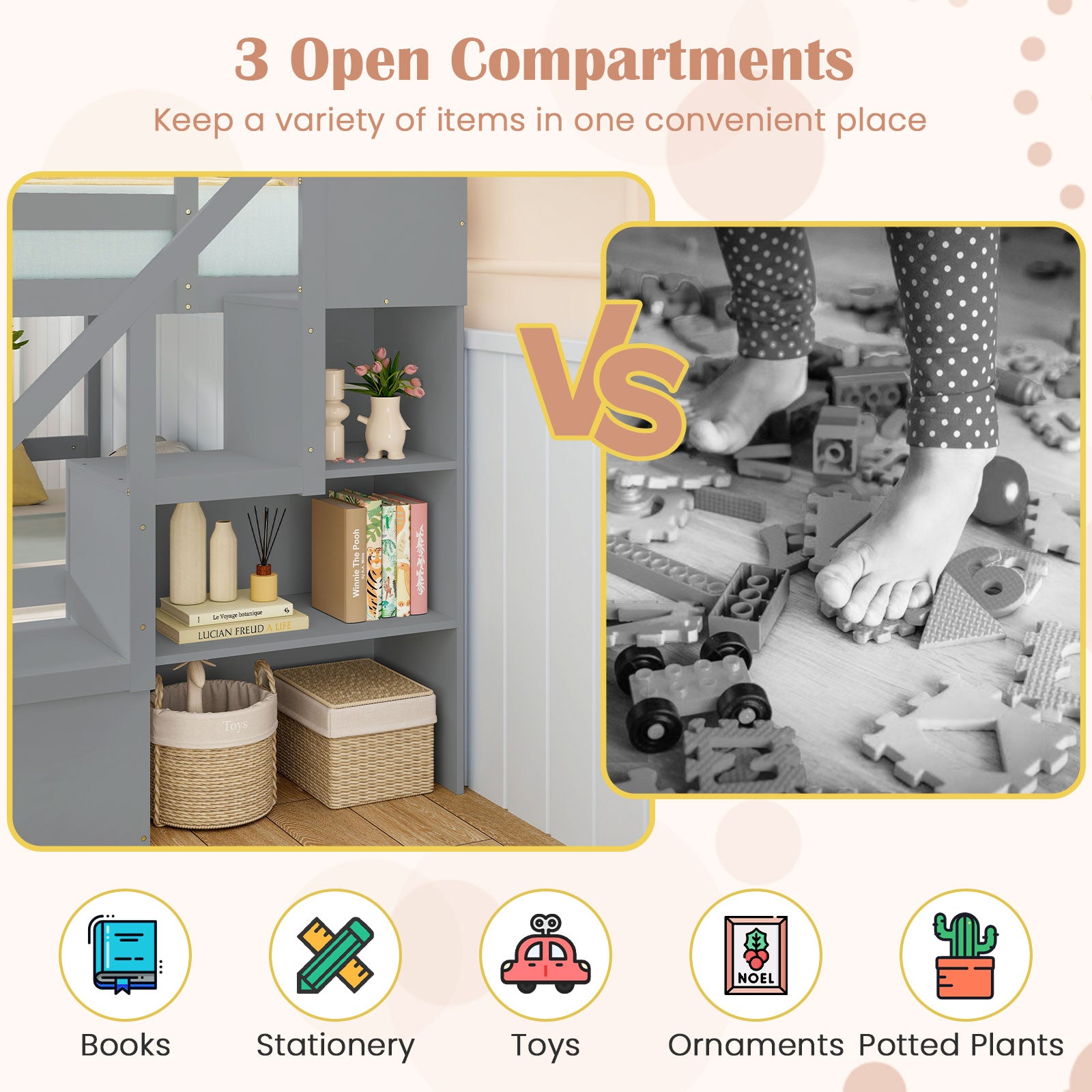 Solid Wood Full Over Full Low Bunk Bed with Storage Stairs, Gray Bunk Bed Frame at Gallery Canada