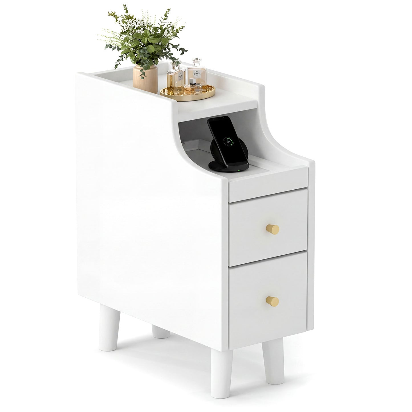Solid Wood Narrow Nightstand with Pull-Out Tray & 2 Drawers, White Nightstands White at Gallery Canada
