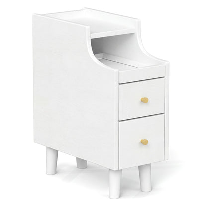 Solid Wood Narrow Nightstand with Pull-Out Tray & 2 Drawers, White Nightstands at Gallery Canada