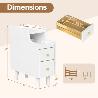 Solid Wood Narrow Nightstand with Pull-Out Tray & 2 Drawers, White Nightstands at Gallery Canada