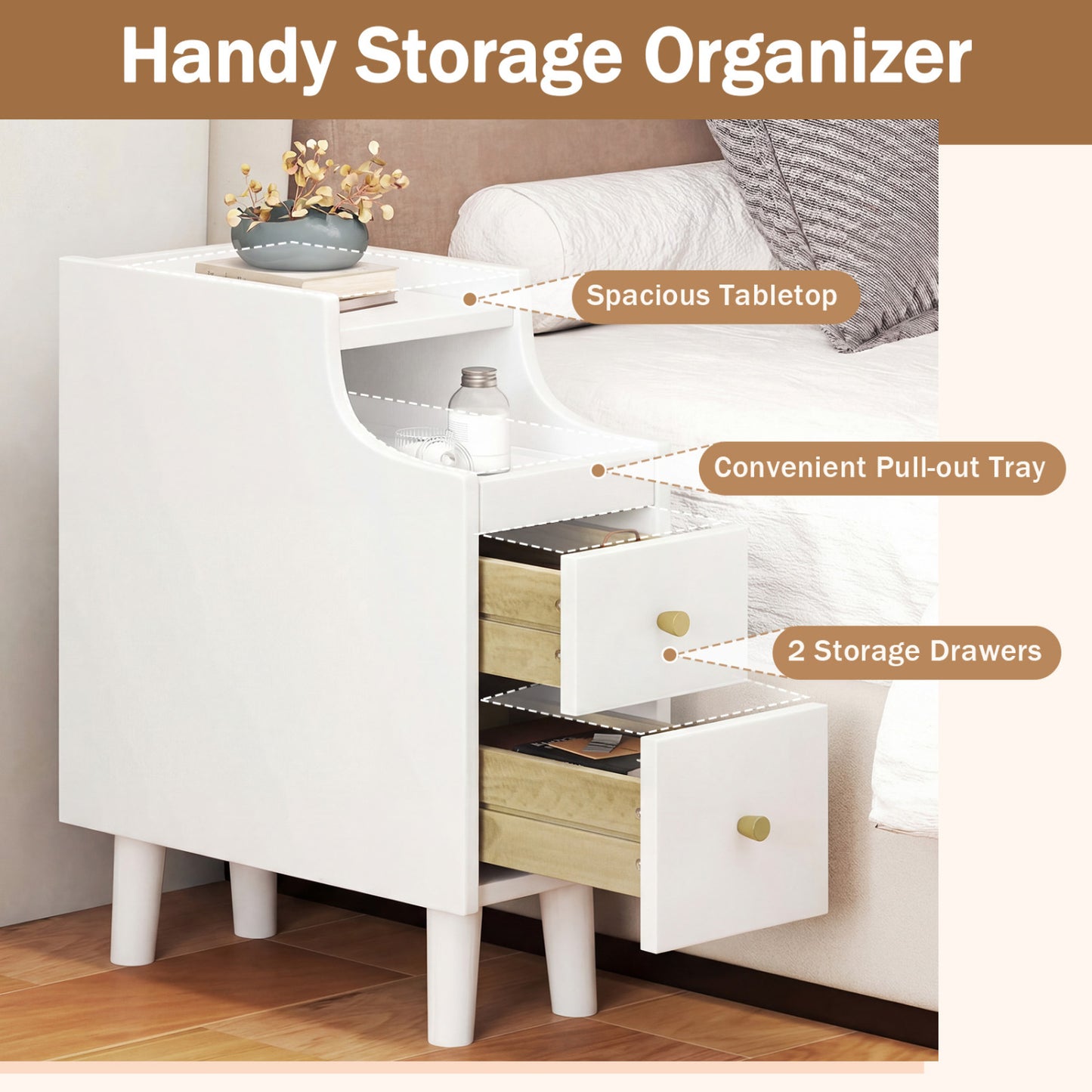 Solid Wood Narrow Nightstand with Pull-Out Tray & 2 Drawers, White Nightstands at Gallery Canada