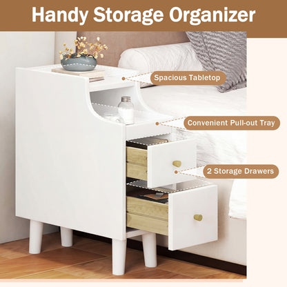 Solid Wood Narrow Nightstand with Pull-Out Tray & 2 Drawers, White Nightstands at Gallery Canada