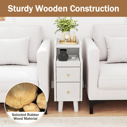 Solid Wood Narrow Nightstand with Pull-Out Tray & 2 Drawers, White Nightstands at Gallery Canada