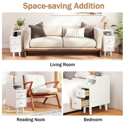 Solid Wood Narrow Nightstand with Pull-Out Tray & 2 Drawers, White Nightstands at Gallery Canada