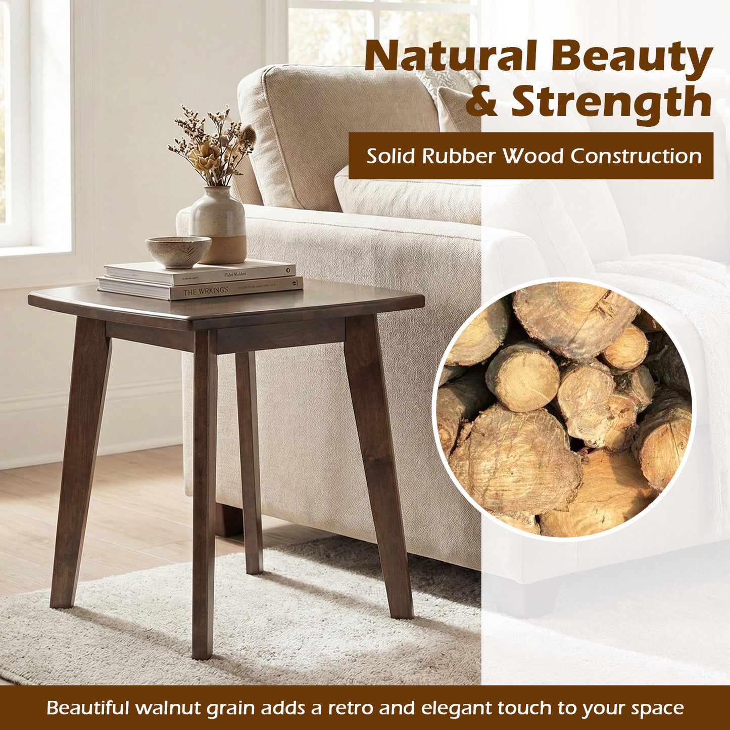Solid Wood Square End Table, Thickened Top, Curved Edge, Walnut End & Side Tables at Gallery Canada