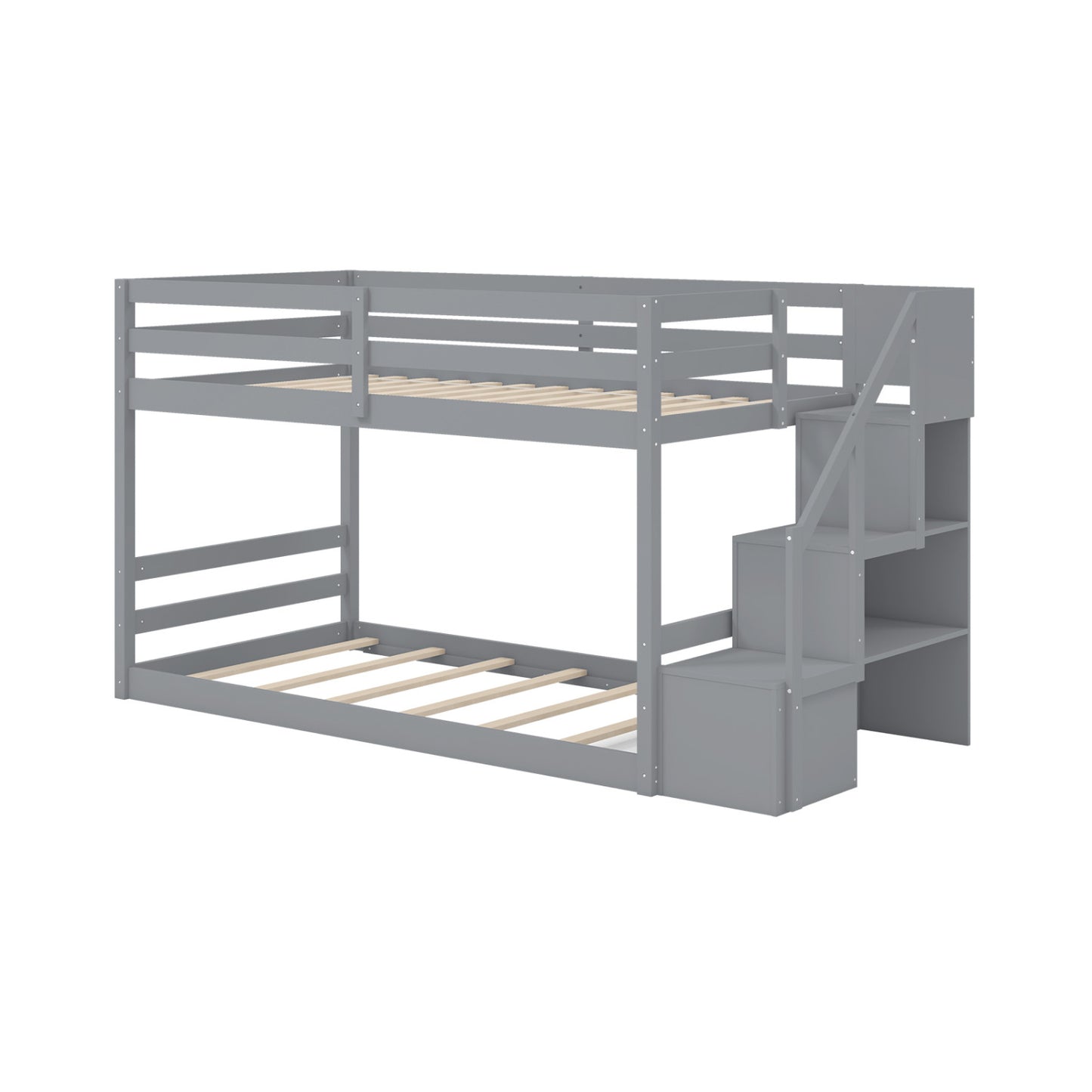 Solid Wood Twin Over Full Low Bunk Bed With Storage Stairs, Gray Bunk Bed Frame at Gallery Canada