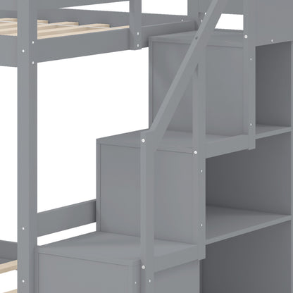 Solid Wood Twin Over Full Low Bunk Bed With Storage Stairs, Gray Bunk Bed Frame at Gallery Canada
