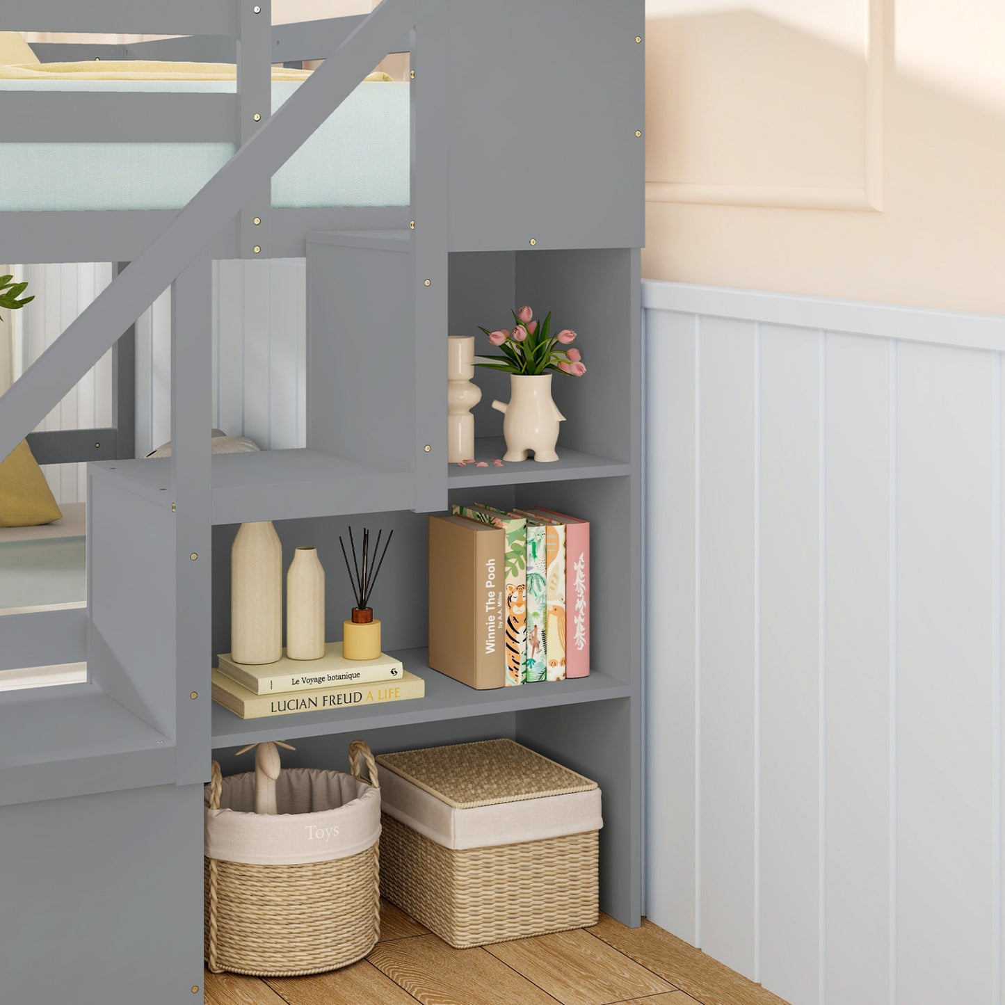 Solid Wood Twin Over Full Low Bunk Bed With Storage Stairs, Gray Bunk Bed Frame at Gallery Canada