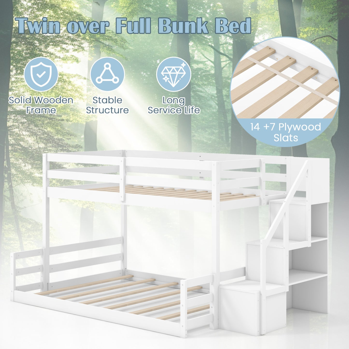 Solid Wood Twin Over Full Low Bunk Bed, White Bunk Bed Frame at Gallery Canada