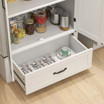 72" Farmhouse Pantry Cabinet, Adjustable Shelves, 2 Doors, White Wood Grain, White Kitchen Pantry Cabinets at Gallery Canada