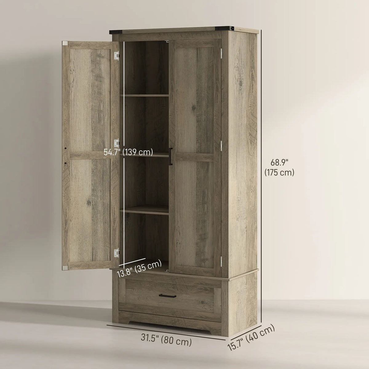 69" Tall Farmhouse Kitchen Pantry, 2 Doors, Drawer, Adjustable Shelves, Grey