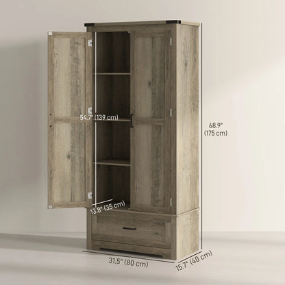 69" Tall Farmhouse Kitchen Pantry, 2 Doors, Drawer, Adjustable Shelves, Grey