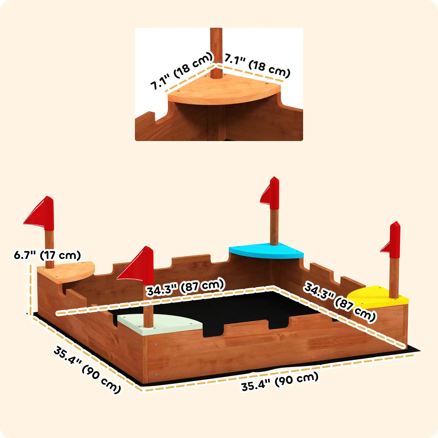 Kids Wooden Sandbox, 4 Colorful Seats, Ground Liner, Brown Sandboxes & Accessories at Gallery Canada