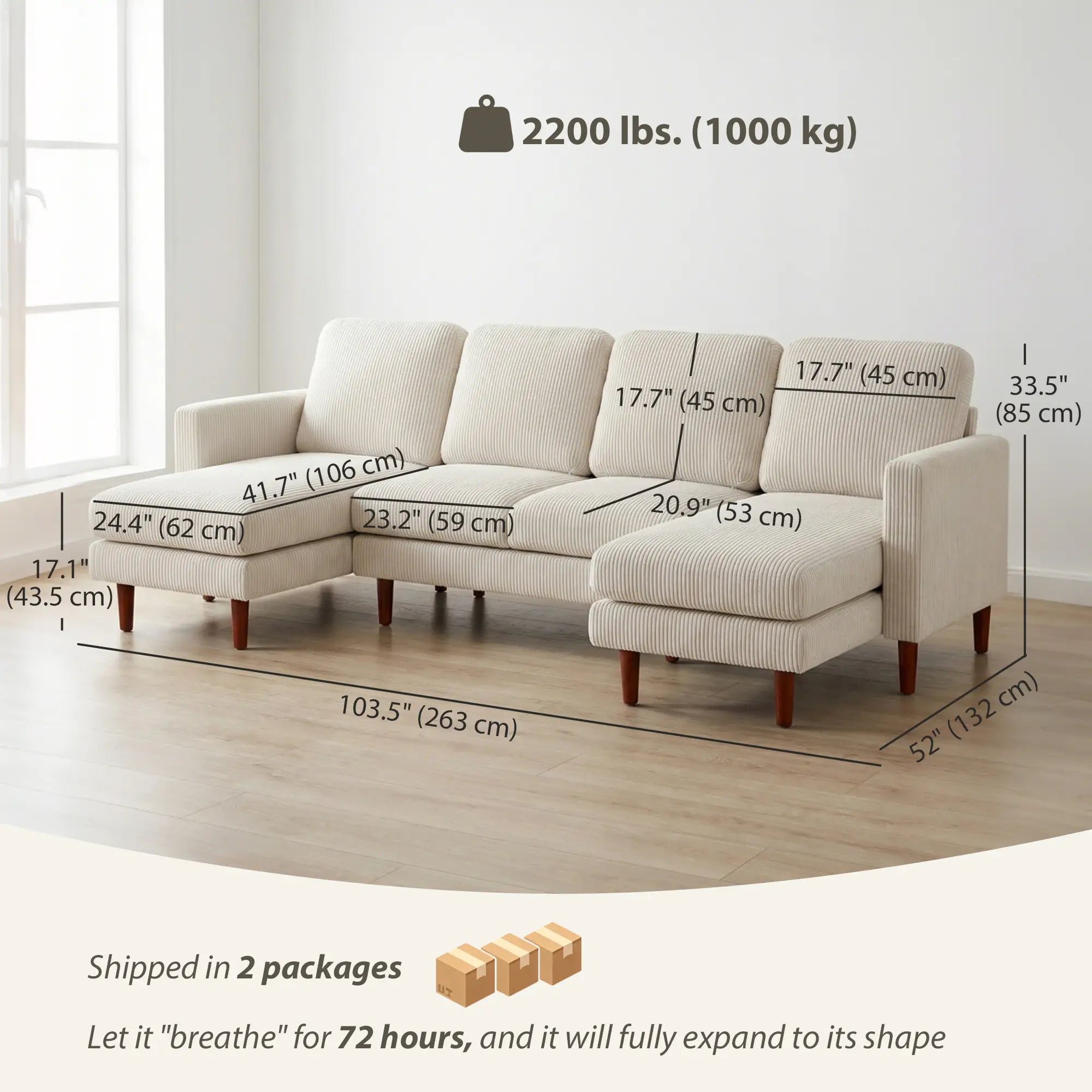 U Shaped Sectional Sofa, Corduroy, Double Chaise, Spring Cushions, 2200lb, Beige 3-Seater Sofas at Gallery Canada