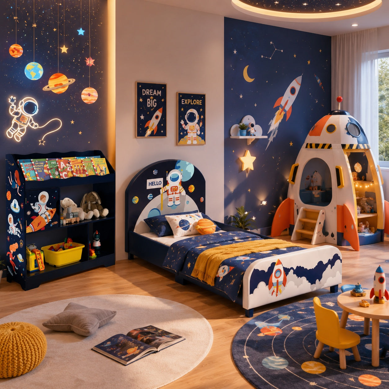Astronaut Theme Kids Platform Bed With Toy Storage Toddler & Kids Furniture Blue at Gallery Canada