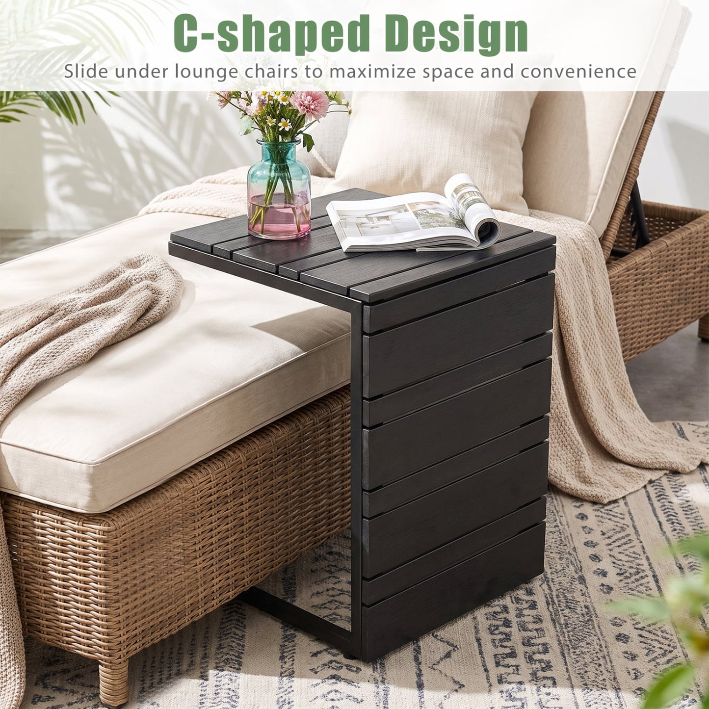 Table d'appoint en forme de C, plateau en bois-plastique, noir