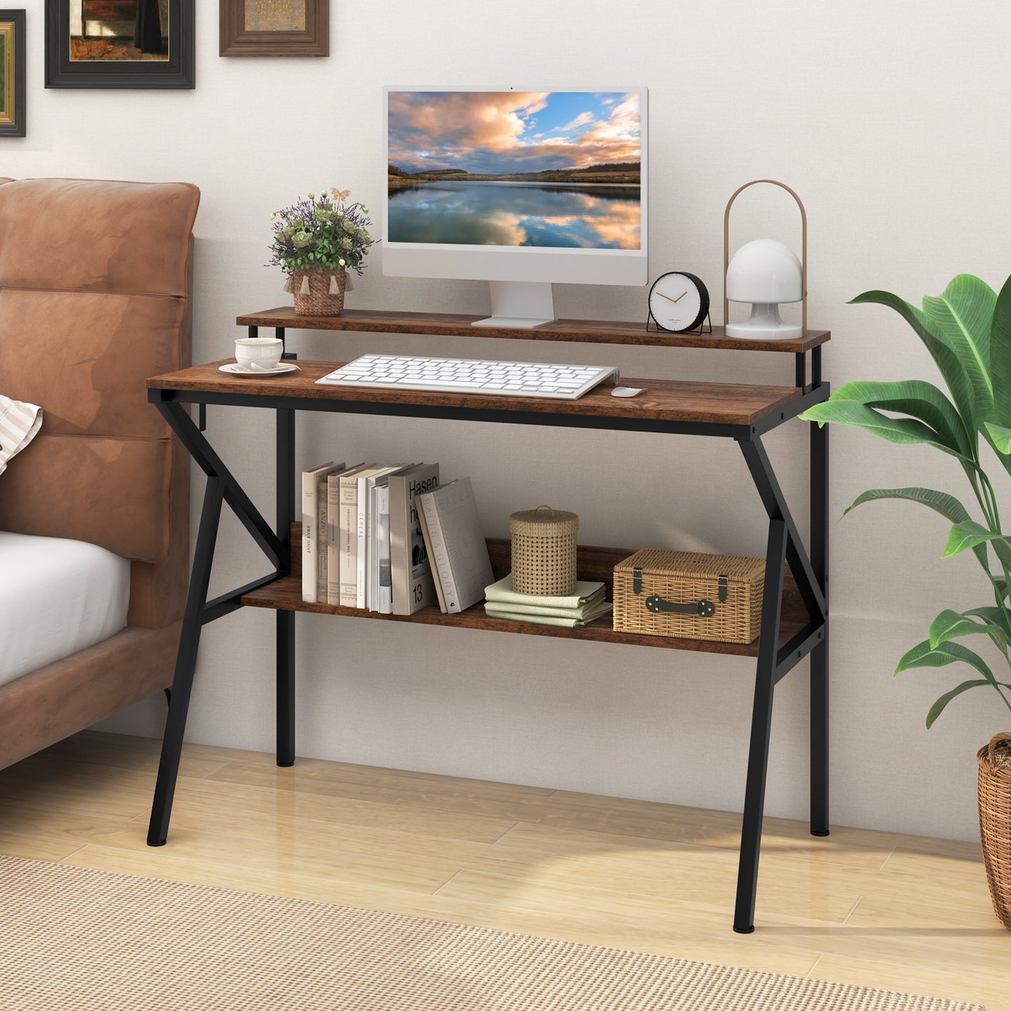 Space Saving Computer Desk with Monitor Stand and Extra Storage Shelf for Work Study, Rustic Brown Computer Desks at Gallery Canada