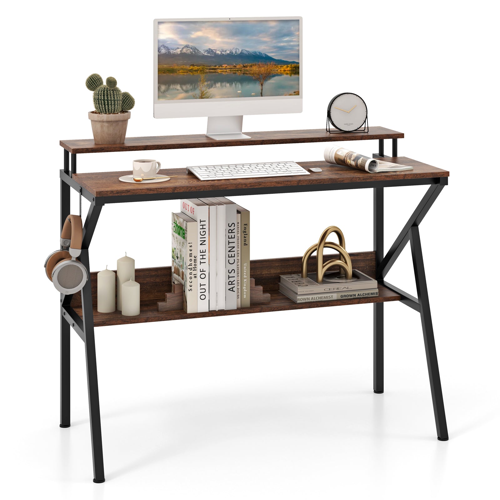 Space Saving Computer Desk with Monitor Stand and Extra Storage Shelf for Work Study, Rustic Brown Computer Desks at Gallery Canada