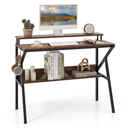 Space Saving Computer Desk with Monitor Stand and Extra Storage Shelf for Work Study, Rustic Brown Computer Desks at Gallery Canada